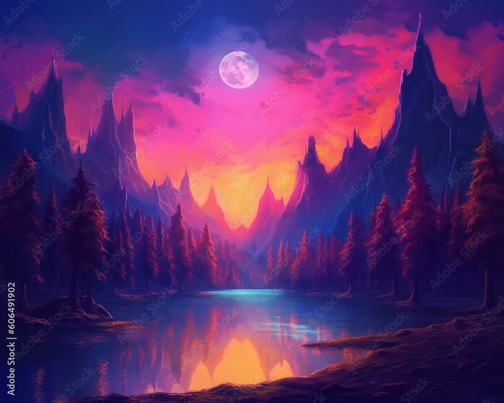 A Lone Moon lit up by nature, in the style of synth wave, light amber and magenta, elaborate landscapes, light indigo and amber