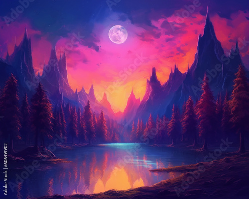 A Lone Moon lit up by nature, in the style of synth wave, light amber and magenta, elaborate landscapes, light indigo and amber