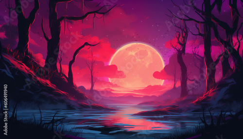 A Lone Moon lit up by nature, in the style of synth wave, light amber and magenta, elaborate landscapes, light indigo and amber © DailyStock