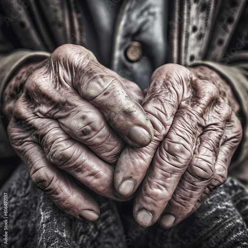 Hands of an elderly woman in a leather jacket. Selective focus. Toned. © D-stock photo