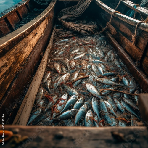 Fotografie, Obraz Fishing boat full of fish and nets. Fish on deck. AI generation.