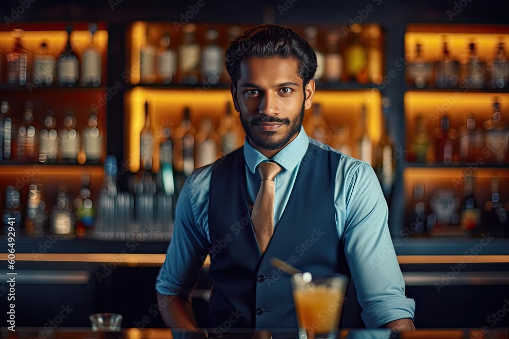 Stylish young Indian bartender in a sleek modernist bar generative ai Stylish young Indian bartender in a sleek modernist bar generative ai