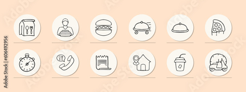 Food delivery icon set. Delivery person, food package, restaurant, online ordering, fast delivery. Contactless delivery concept. Pastel color background. Vector line icon for Business