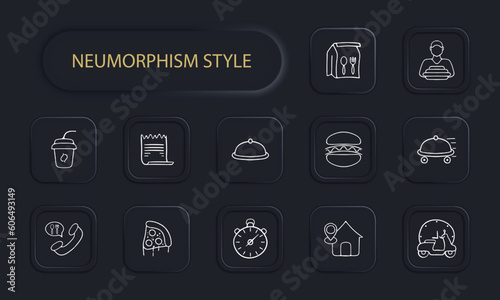 Food delivery icon set. Delivery person, food package, restaurant, online ordering, fast delivery. Contactless delivery concept. Neomorphism style. Vector line icon for Business