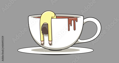 a man hanging from the rim of a coffee cup