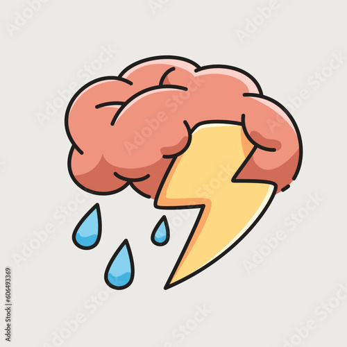 A brainstorming abstract concept. A brain with thunder and rain