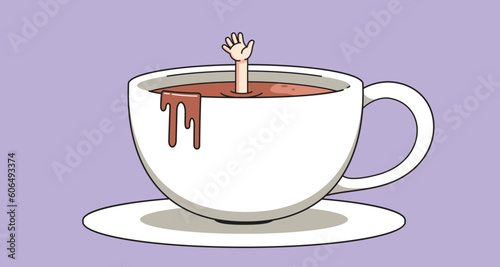 a hand appears from inside the coffee cup asking for help