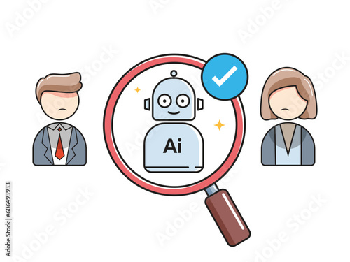 AI Robot over Human using a Magnifier. Isolated Vector Illustration