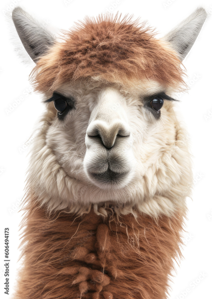 close up portrait of an alpaca isolated on white or transparent background as PNG, generative AI animal
