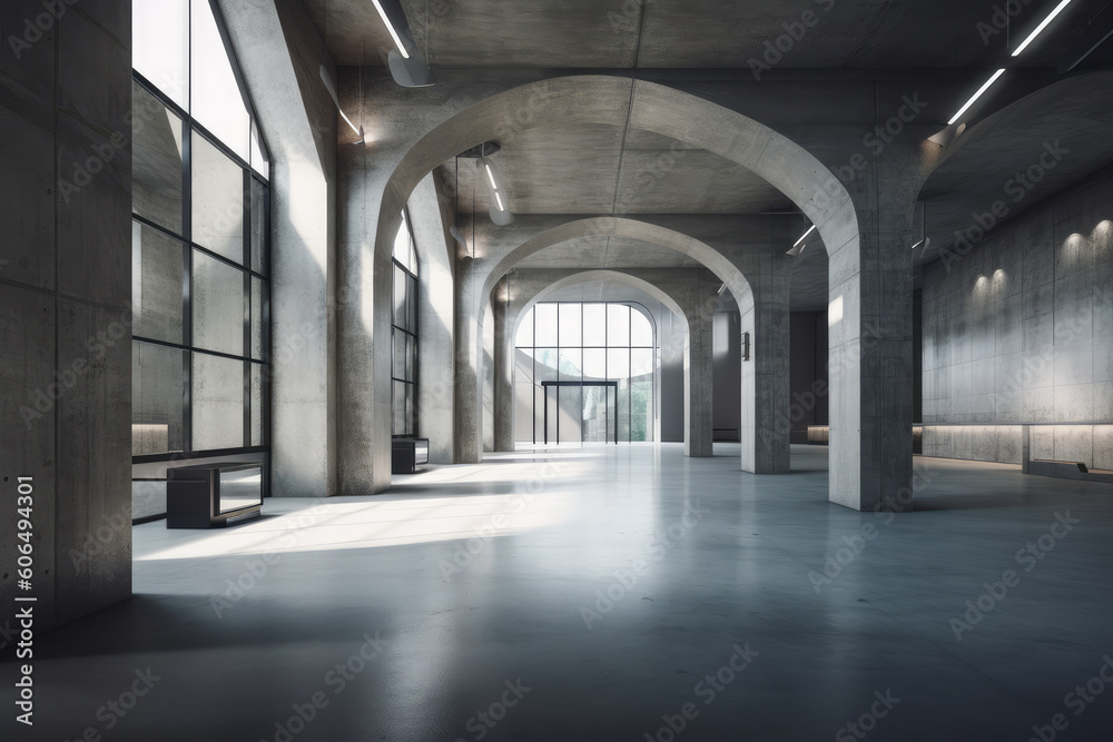 Architectural design of modern concrete hall, Generative ai