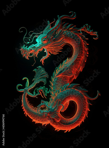 Image of a dragon with beautiful bright colors on black background. Mythical creatures. Illustration, Generative AI. © yod67