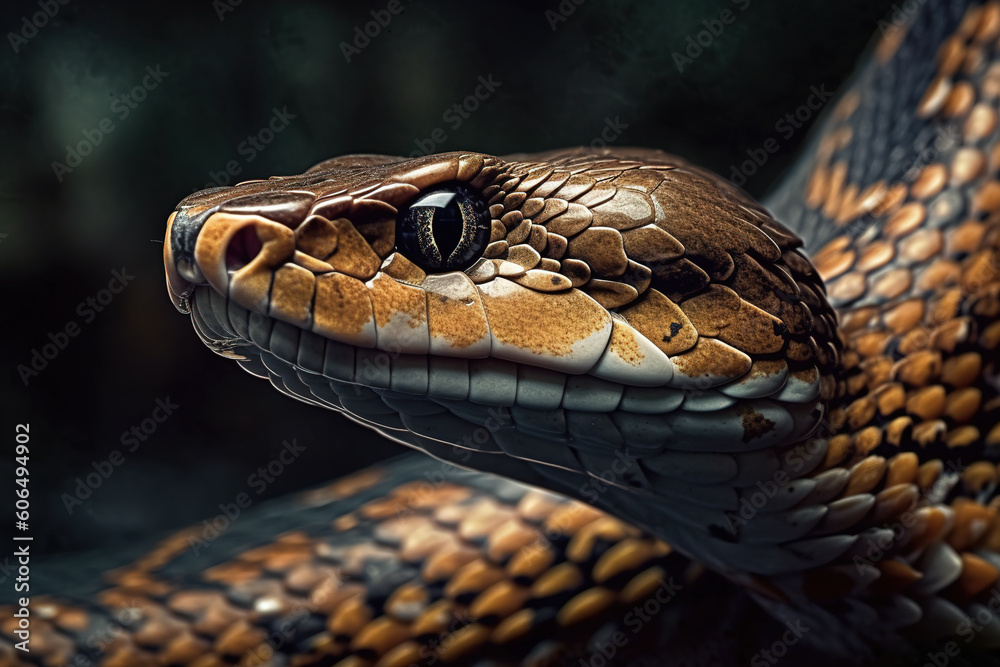 Image of a ferocious snake head. Reptile. Animals. Illustration. Generative AI. Image of a ferocious snake head. Reptile. Animals. Illustration. Generative AI.