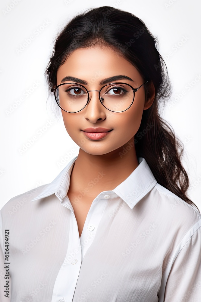Portrait of the beautiful happy young Indian woman in glasses and an office shirt generative ai Portrait of the beautiful happy young Indian woman in glasses and an office shirt generative ai