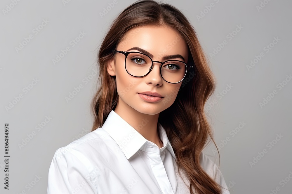 Portrait of the beautiful happy young woman in glasses and an office shirt generative ai