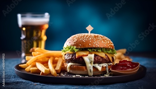 Cheeseburger and fries on a blue background with a pint in the distance 