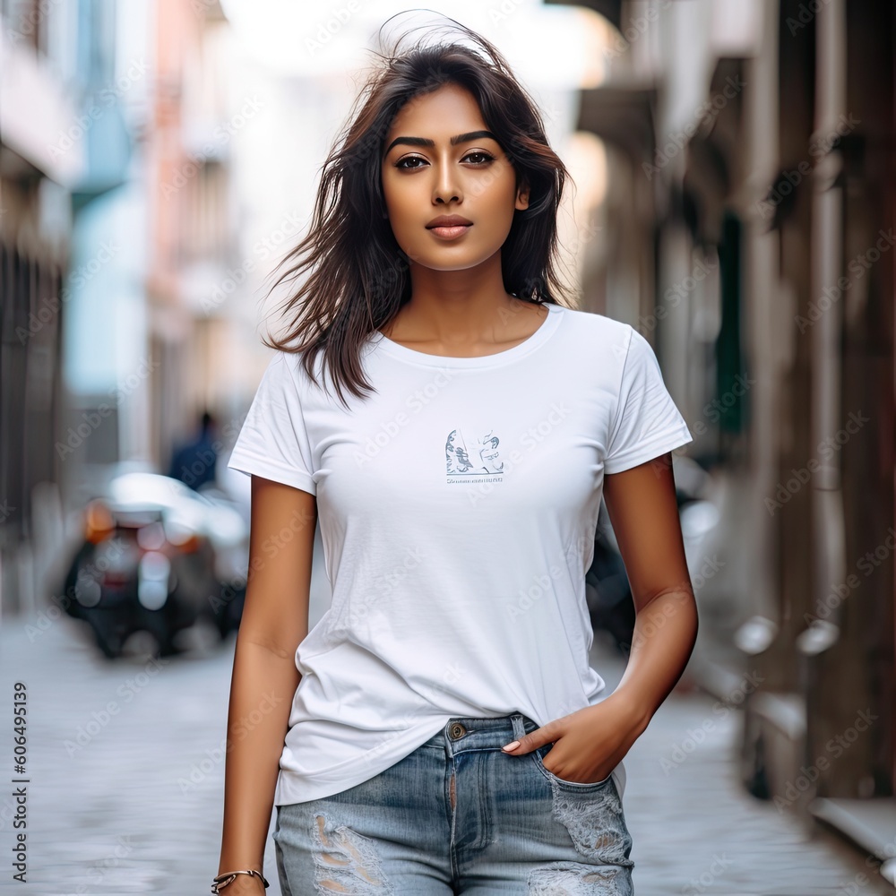young Indian woman wearing clean white T-shirt and jeans generative ai