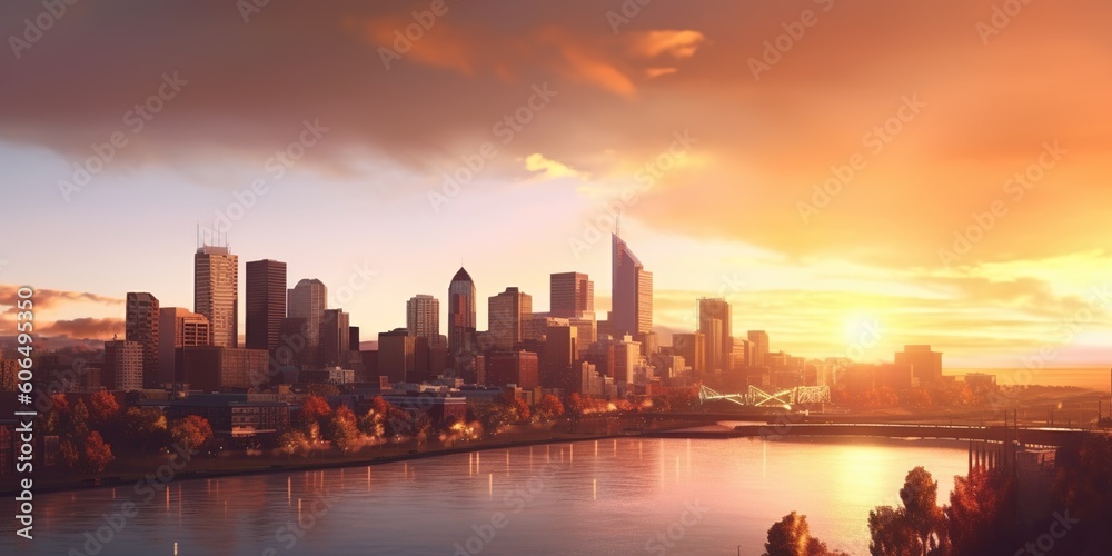 A city skyline bathed in the warm glow of sunrise, concept of Golden hour ambience, created with Generative AI technology A city skyline bathed in the warm glow of sunrise, concept of Golden hour ambience, created with Generative AI technology