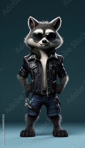cartoon husky standing white plain background with sunglasses black biker jacket generative ai