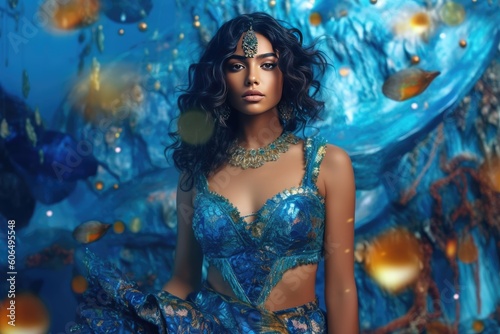 stunning image features an Indian female model in a blue short dress with a cute and youthful vibe generative ai