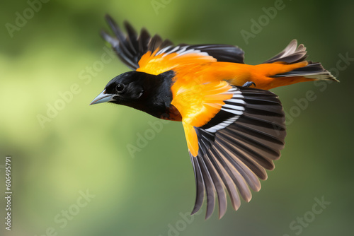 Male Baltimore Oriole in flight, Generative ai photo