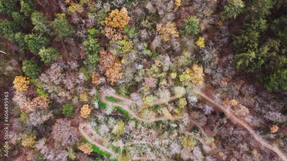 Uphill mountainbike trail in a forest in autumn. Aerial view. Uphill mountainbike trail in a forest in autumn. Aerial view.