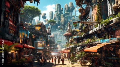 Bustling marketplace on an alien planet, filled with exotic alien species, bizarre goods, and vibrant colors, creating a sense of wonder and cultural diversity © Damian Sobczyk
