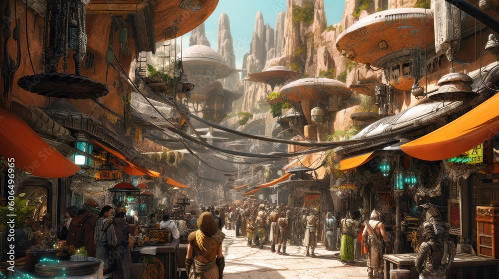 Bustling marketplace on an alien planet, filled with exotic alien species, bizarre goods, and vibrant colors, creating a sense of wonder and cultural diversity Bustling marketplace on an alien planet, filled with exotic alien species, bizarre goods, and vibrant colors, creating a sense of wonder and cultural diversity