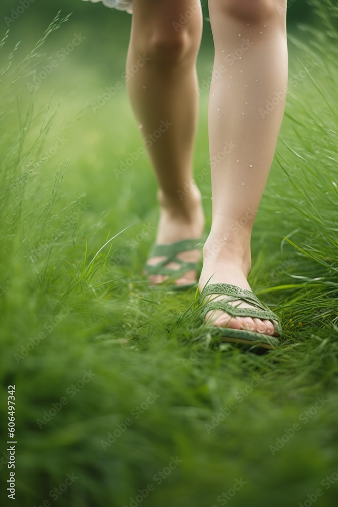 illustration, woman walking barefoot on the green grass, ai generative