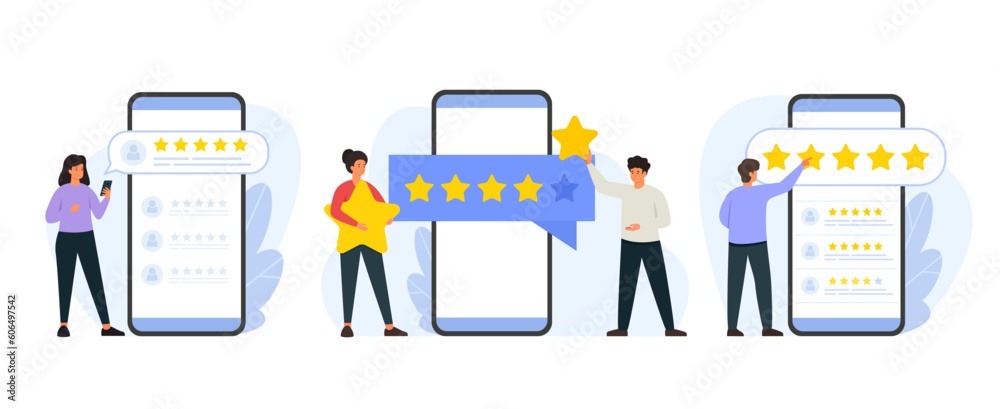 Vector illustration set of consumer review and 5 stars rating. Customers feedback concept. People collection of scenes in flat design. - obrazy, fototapety, plakaty 
