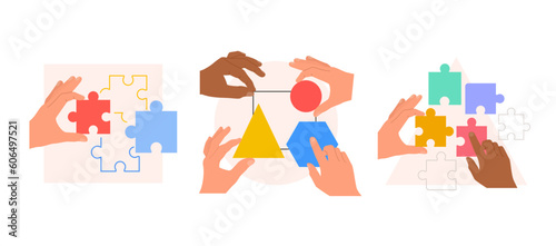 Set of human hands connect geometrical shapes and puzzle pieces. Partnership and teamwork concept. Vector illustration isolated on white background.