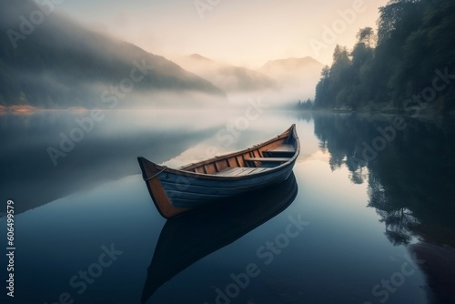 A serene lake with a single boat. AI © Usmanify