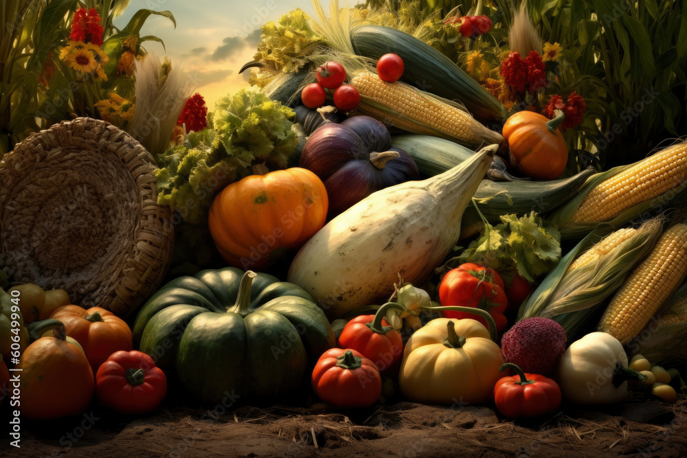 Harvest festival, pumpkin harvesting, Thanksgiving Day background, AI Generated