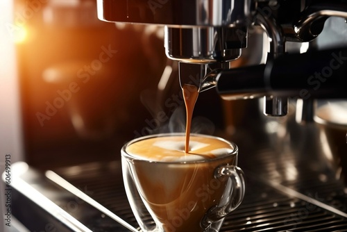 Close-Up Espresso Pouring from Coffee Machine  Professional Coffee Brewing. AI