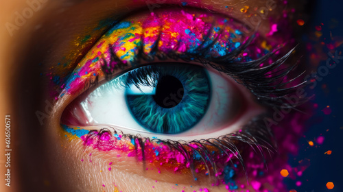 Close up of person's eye with colorful paint all over it. Generative AI.