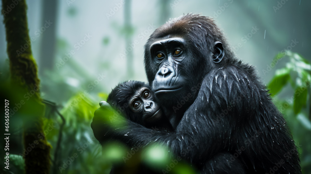 Mother gorilla holding her baby in her arms in jungle setting with trees in the background. Generative AI.