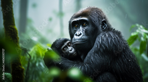 Mother gorilla holding her baby in her arms in jungle setting with trees in the background. Generative AI.