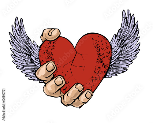 T-shirt design of a large hand holding a winged heart isolated on white. Vector illustration for Valentine's day
