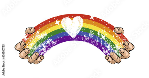 design for t-shirt with hands joined by a rainbow and a heart in the middle. Vector illustration for gay pride day.
