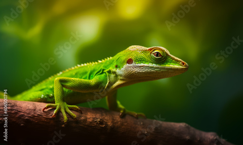 Close up of lizard on branch with blurry background. Generative AI.