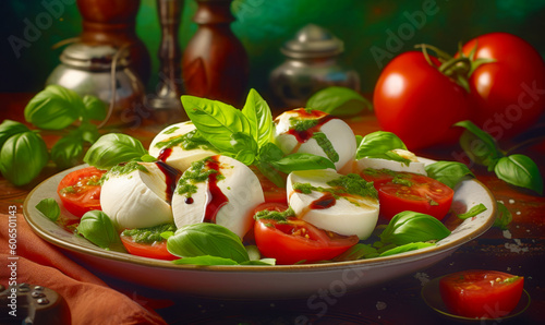 Plate of mozzarella and tomatoes with basil on top of them. Generative AI.