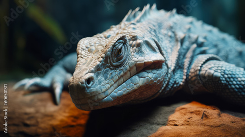 Close up of lizard s head on wooden surface with blurry background. Generative AI.