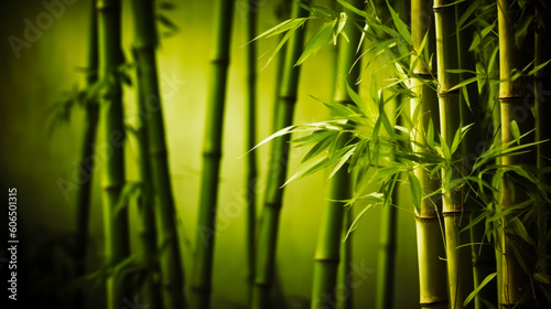 Close up of bamboo tree with green leaves and blurry background. Generative AI.