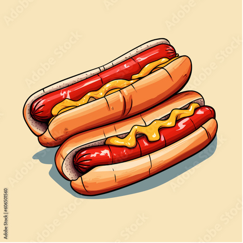Cartoon illustration of two hotdogs with mustard