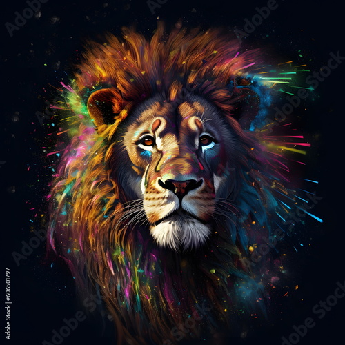 Image of lion s face with colorful fireworks coming out of it. Generative AI.