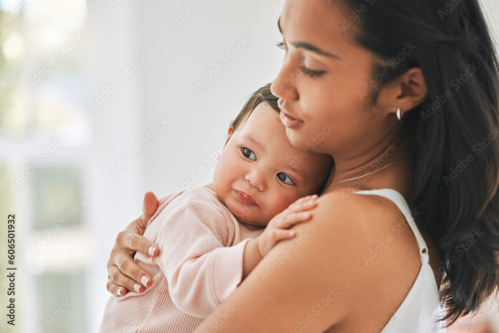 Mother, holding baby and love in a family home for bonding, security and quality time. Woman or mom and girl child relax together in a house for development, trust and support or care on mothers day Mother, holding baby and love in a family home for bonding, security and quality time. Woman or mom and girl child relax together in a house for development, trust and support or care on mothers day