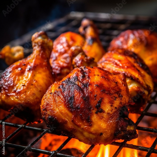 Juicy and Flavorful Chicken Drumsticks on the BBQ Grill with Smoky Fire, generative AI