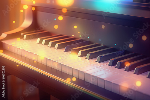 Piano keyboard closeup on stage, colorful background. Generative AI