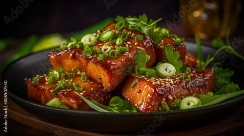 juicy pork belly marinated in Asian spices and served with chopped spring onions