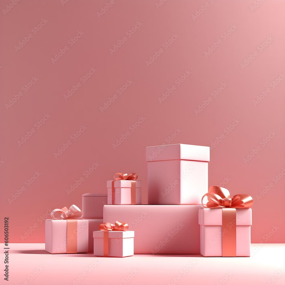 Minimal pink/terracotta background with pink gift wrapped boxes, stage for product design. Generative AI