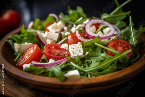fresh arugula salad with cherry tomatoes, red onion, and feta cheese